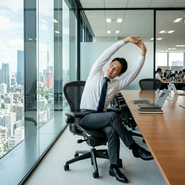 オフィスチェアに座った状態で上体を大きく伸ばすストレッチを行うビジネスマン